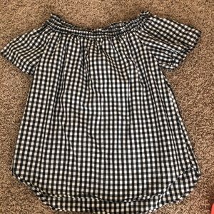 off the shoulder buffalo plaid shirt